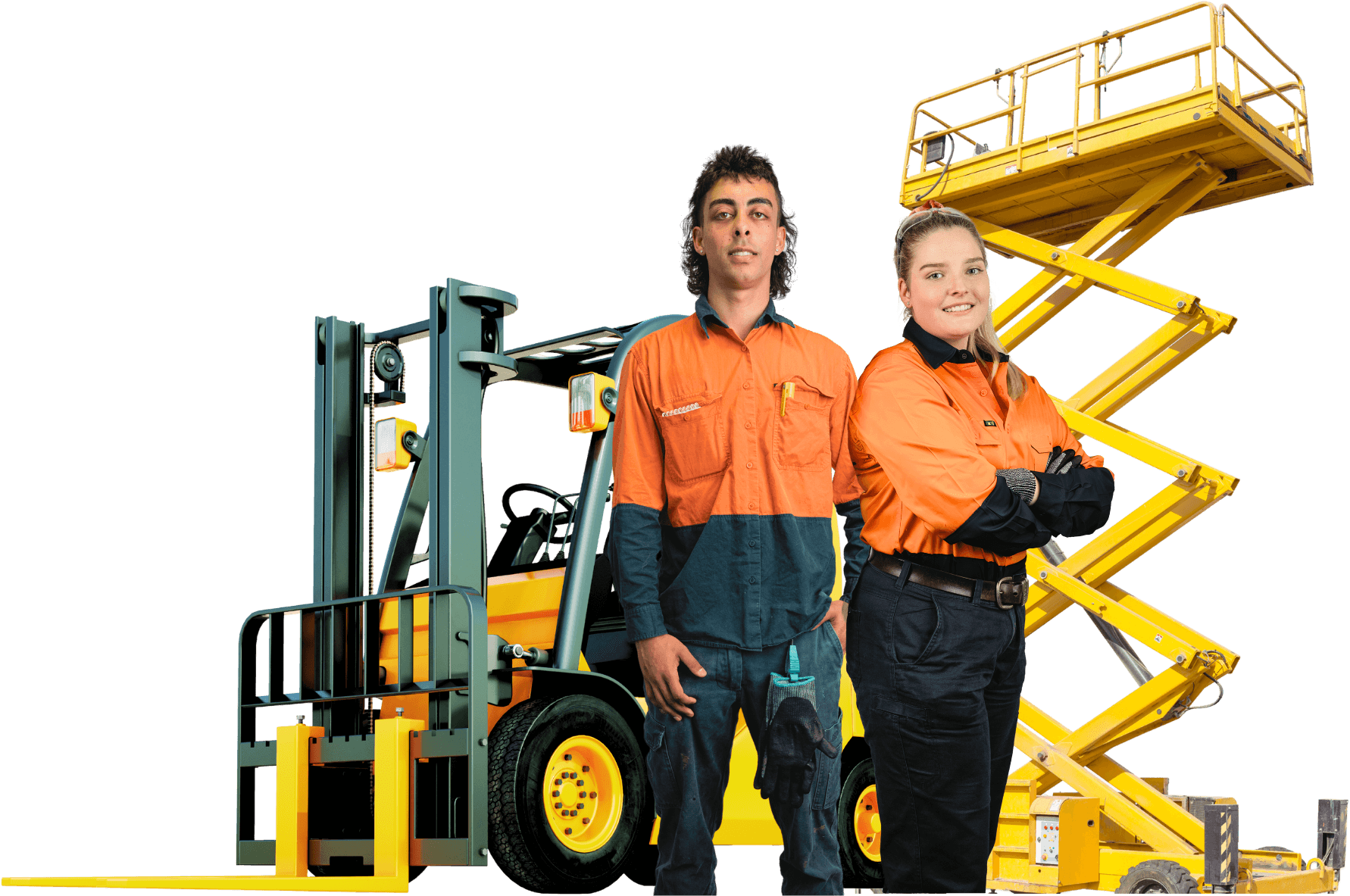 Male And Female Standing In Front Of Forklift And Scissor Lift